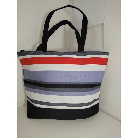 Shoppers Tote Bag Stripe Multicolor Black Red Shoulder BEACH Bag - Stylish - Picture 3 of 12